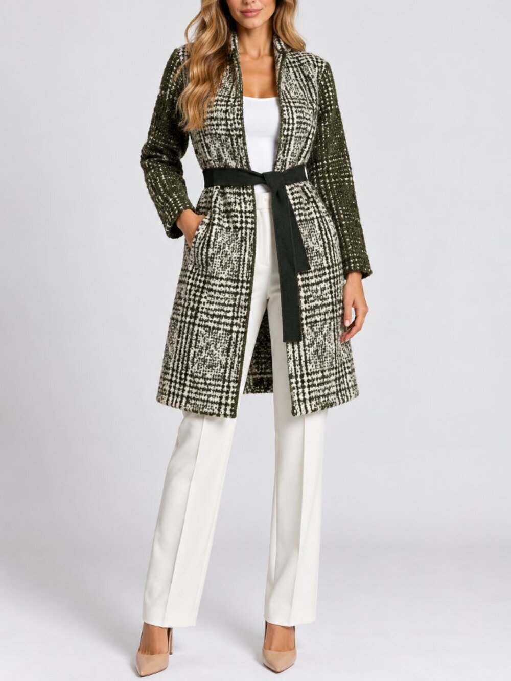 Piazza Sempione Women's Coat Green Wool Belted Open Front SZ 38 EU NWT